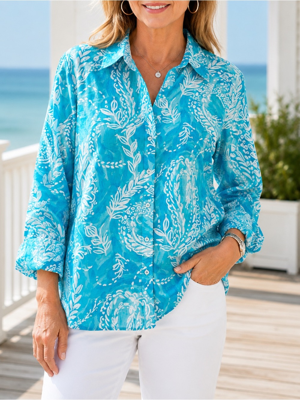 NWT Talbots Aqua White Paisley Button Front Collared Shirt XL 100% Cotton